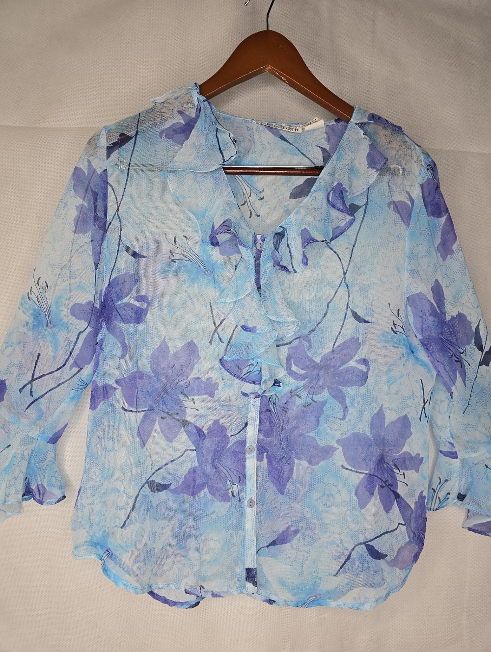 Dressbarn Sheer Blouse Blue Floral Ruffle Front Bell Sleeve Romantic Fairy M